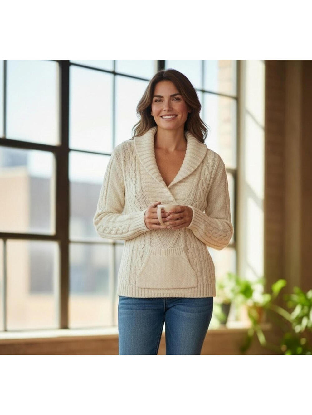 Isaac Mizrahi Shawl Neck Sweater, Ladies Size Med, Ivory Cableknit, Cozy Classic